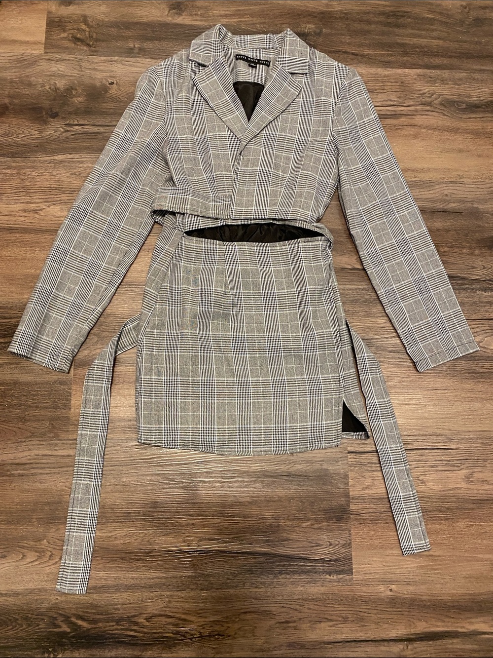 Gray Checked Cutout Waist Mini Dress
